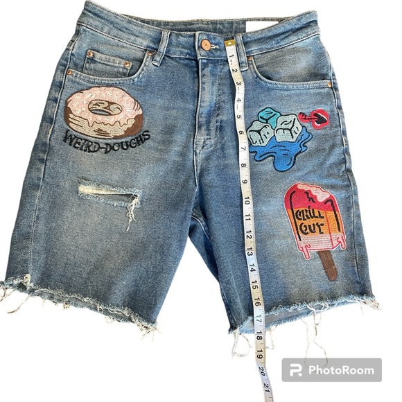 ASOS 90’s long baggy denim shorts patchwork size 30 - Picture 2 of 5